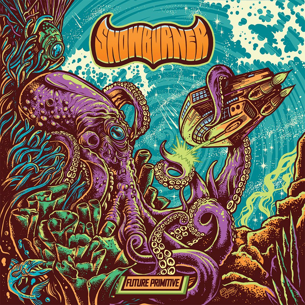 Future Primitive album cover: a giant purple octopus reaching for a starship above a coral reef