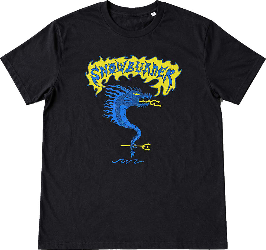 Black Snowburner t-shirt with a blue sea dragon holding a trident under yellow Snowburner lettering